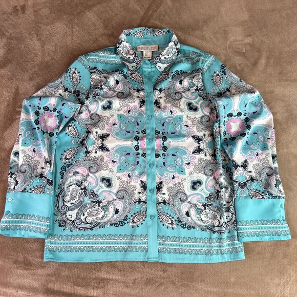 Rachel Zoe Satin Blouse Long-Sleeve Button-Down Paisley Print - Picture 2 of 13